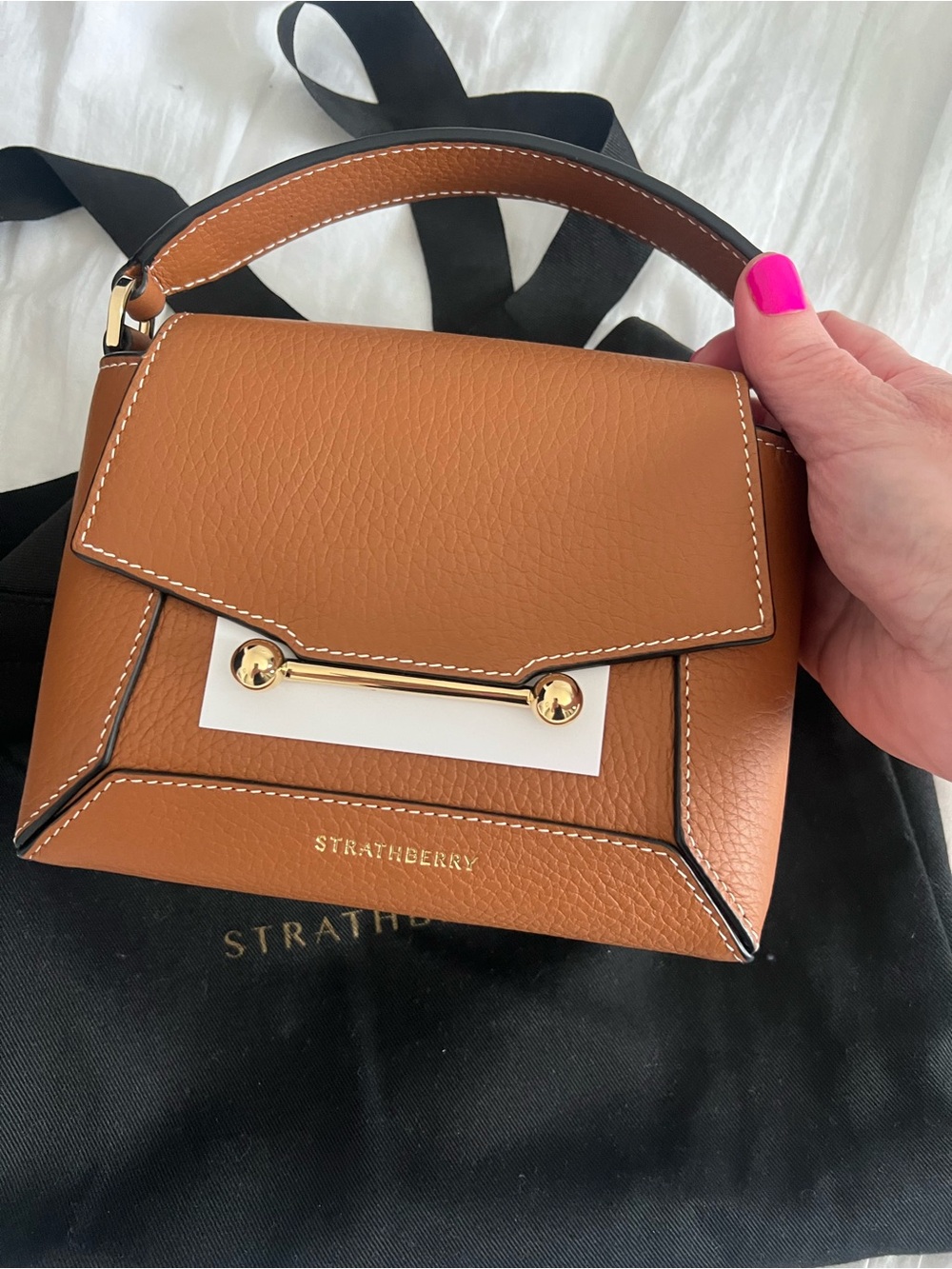 Strathberry Tan Leather Top-Handle Crossbody Bag Nano Mosaic like new - Picture 8 of 15